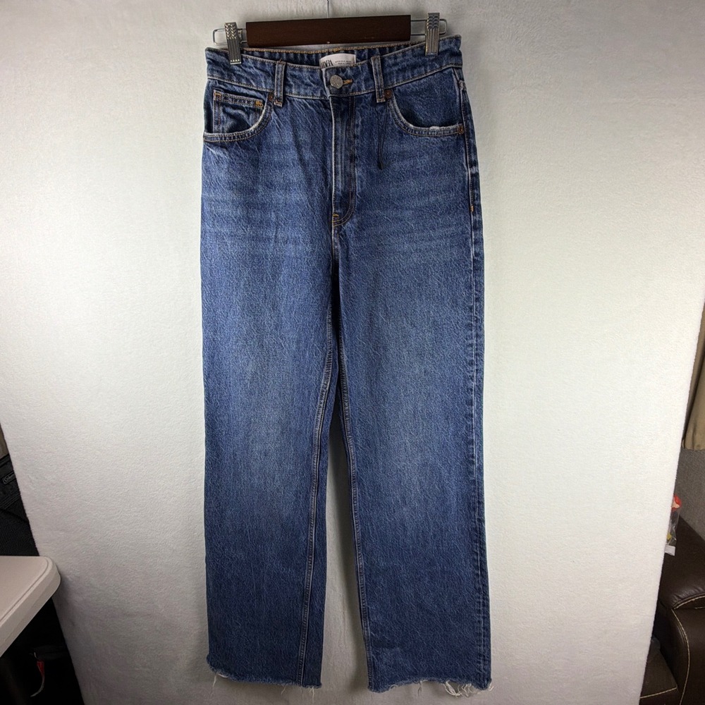 Zara Womens High Waisted Straight Leg Jeans Blue Raw Hem 6045/026 Size 6 28